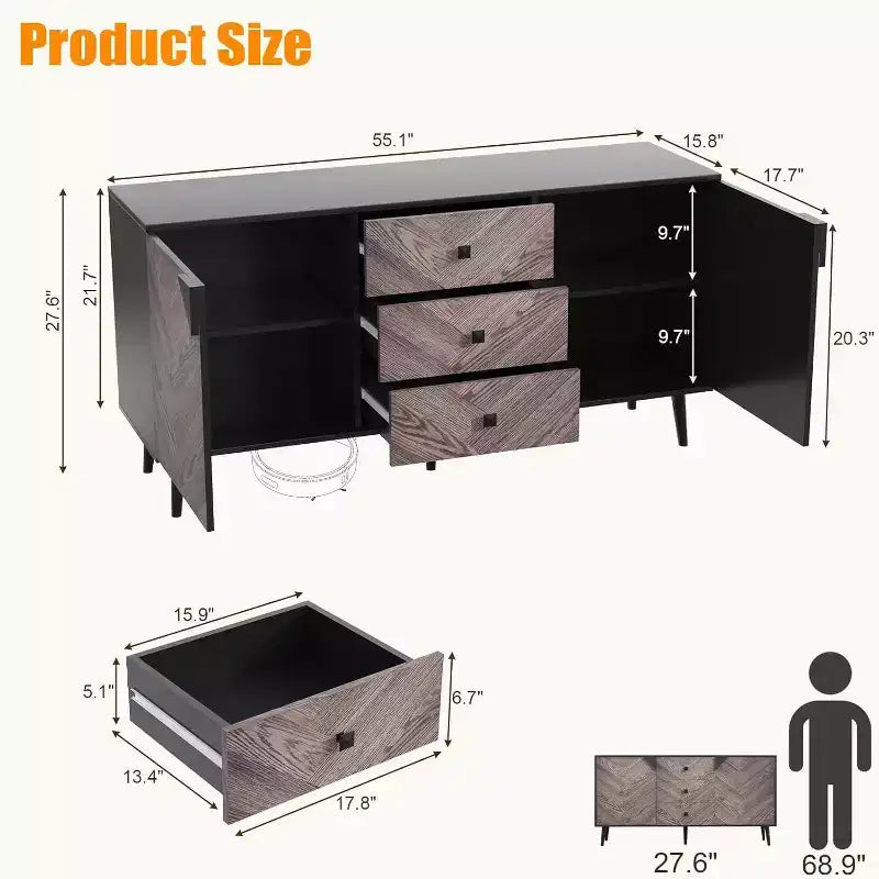 55.1 Mobile contenitore contemporaneo, credenza a buffet con cassetti e ante, mobile d'accento per sala da pranzo, ingresso