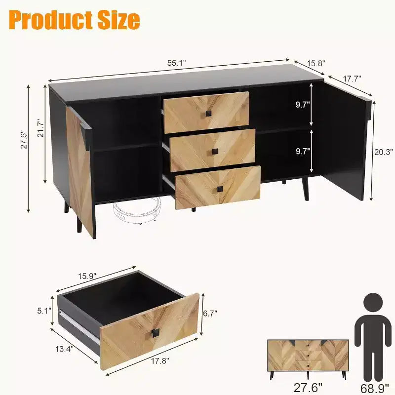 55.1 Mobile contenitore contemporaneo, credenza a buffet con cassetti e ante, mobile d'accento per sala da pranzo, ingresso