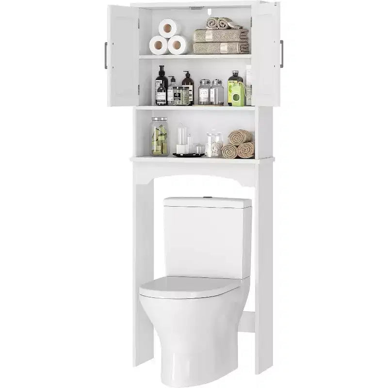Armadietto salvaspazio da bagno sopra il WC con doppia anta, mensola aperta, design alto e salvaspazio, kit antiribaltamento, bianco