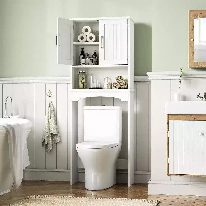Armadietto salvaspazio da bagno sopra il WC con doppia anta, mensola aperta, design alto e salvaspazio, kit antiribaltamento, bianco