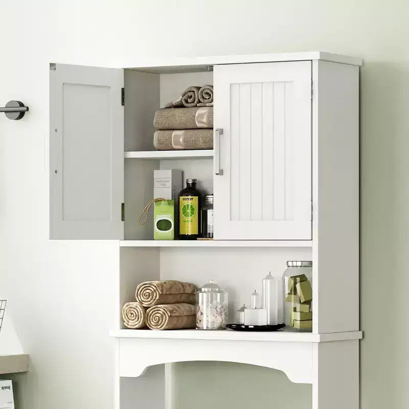 Armadietto salvaspazio da bagno sopra il WC con doppia anta, mensola aperta, design alto e salvaspazio, kit antiribaltamento, bianco