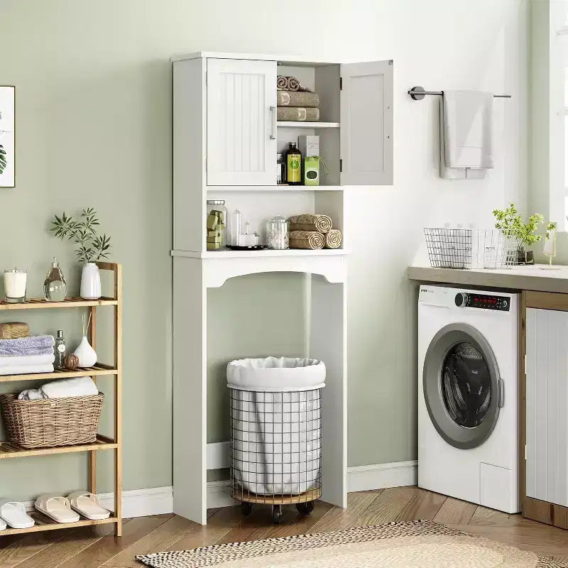 Armadietto salvaspazio da bagno sopra il WC con doppia anta, mensola aperta, design alto e salvaspazio, kit antiribaltamento, bianco