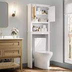 Mobiletto salvaspazio sopra il WC, organizer da bagno in stile rustico con ante in rattan, mensola regolabile, mobiletto da bagno bianco