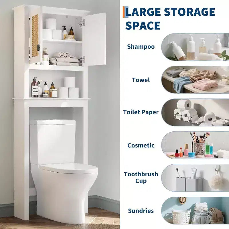 Mobiletto salvaspazio sopra il WC, organizer da bagno in stile rustico con ante in rattan, mensola regolabile, mobiletto da bagno bianco