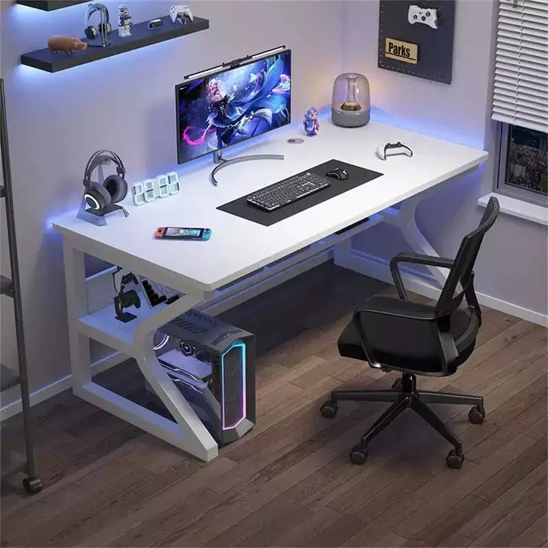 31 piccola scrivania per computer, tavolo da scrittura moderno per ufficio domestico, camera da letto, studio o postazione di lavoro, salvaspazio, gancio per cuffie, bianco