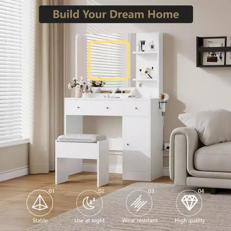 Tavolino da trucco con specchio e sgabello, specchio a colori regolabili, 3 cassetti, 3 ripiani aperti e armadietto