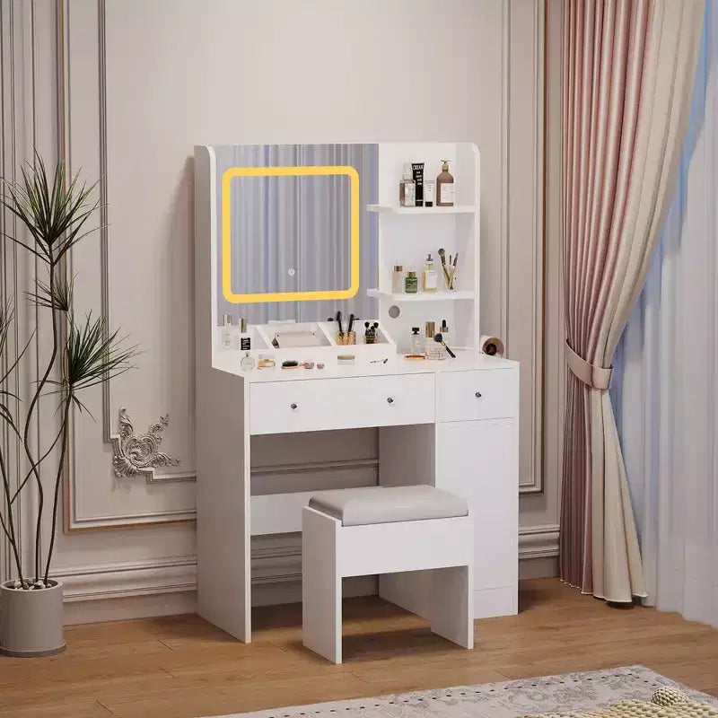 Tavolino da trucco con specchio e sgabello, specchio a colori regolabili, 3 cassetti, 3 ripiani aperti e armadietto