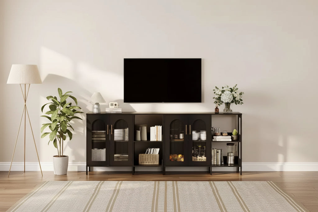 Credenza Buffet, Mobile Contenitore Moderno con Ante in Vetro e Scaffali Regolabili, Mobile Organizzativo Multifunzionale da 100 cm