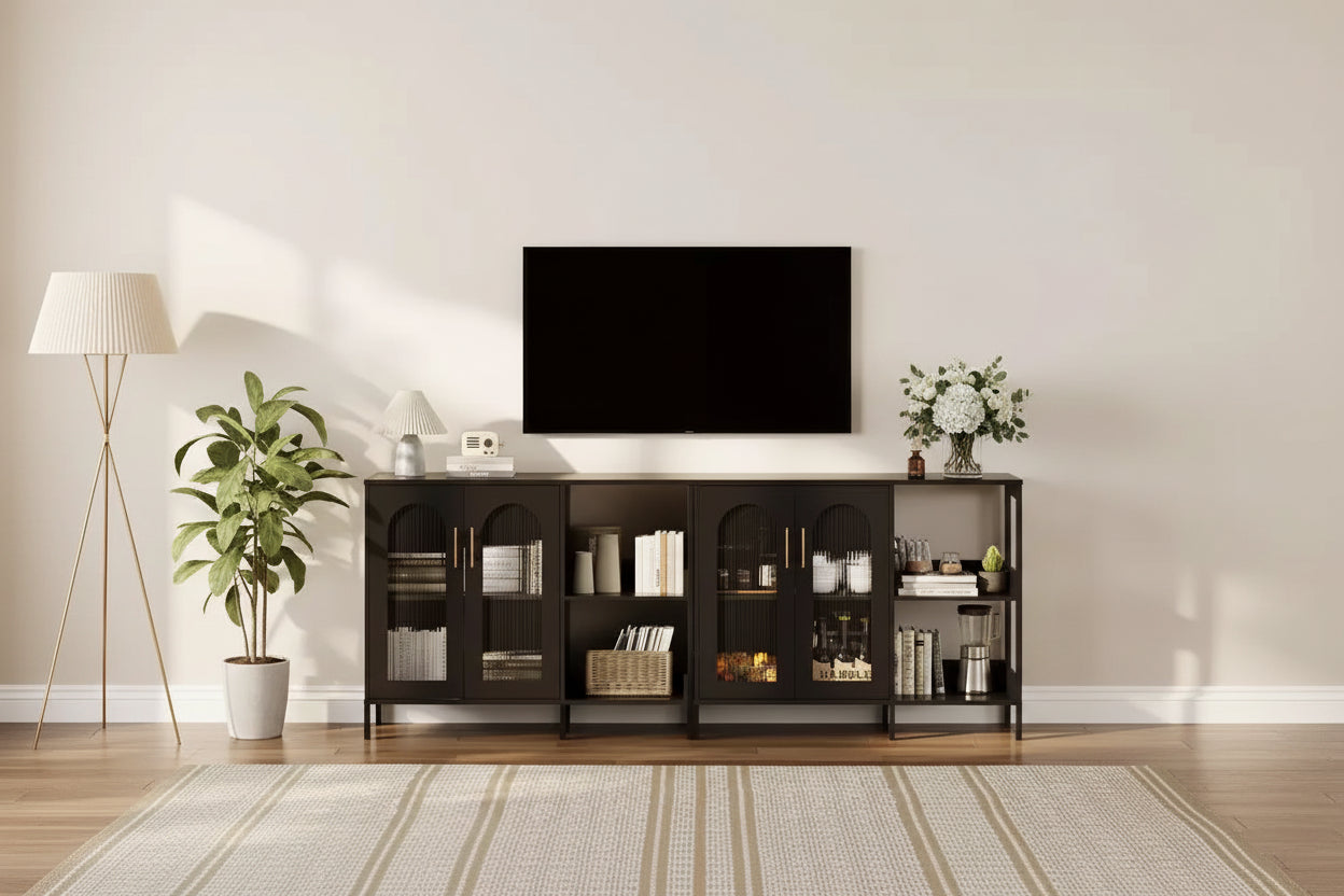 Credenza Buffet, Mobile Contenitore Moderno con Ante in Vetro e Scaffali Regolabili, Mobile Organizzativo Multifunzionale da 100 cm