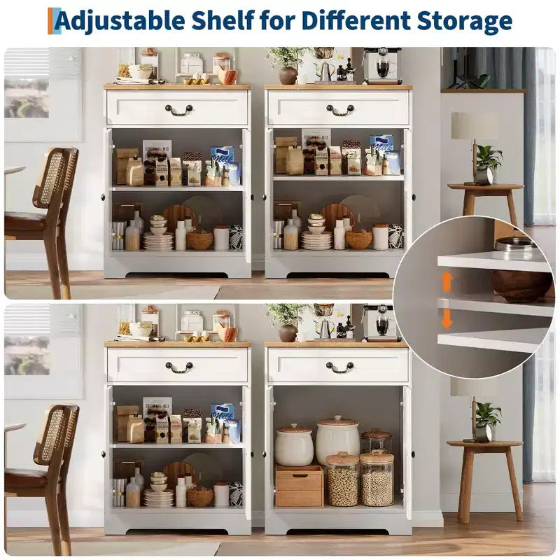 Credenza a Buffet in Stile Fattoria con Spazio di Archiviazione, Credenza Bianca con 4 Ante e 2 Cassetti, Scaffali Regolabili Mobile per Caffè, Contenitore Multi-Funzionale