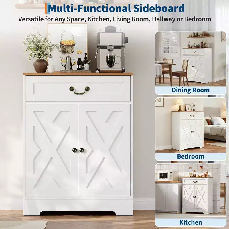 Credenza a Buffet in Stile Fattoria con Spazio di Archiviazione, Credenza Bianca con 4 Ante e 2 Cassetti, Scaffali Regolabili Mobile per Caffè, Contenitore Multi-Funzionale