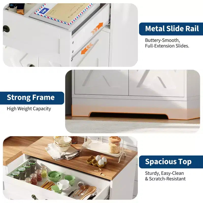 Credenza a Buffet in Stile Fattoria con Spazio di Archiviazione, Credenza Bianca con 4 Ante e 2 Cassetti, Scaffali Regolabili Mobile per Caffè, Contenitore Multi-Funzionale
