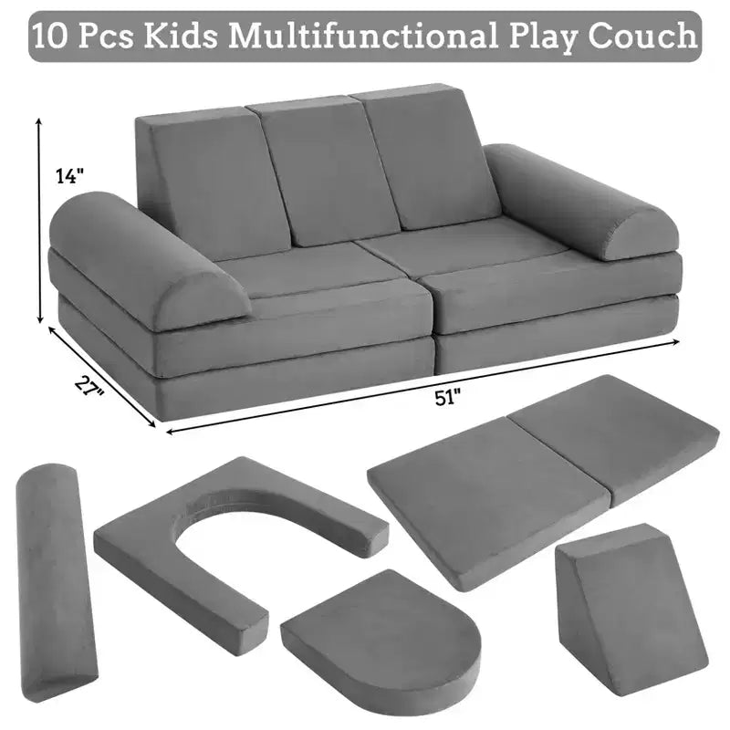 Divano per bambini, 10 pezzi divano modulare per bambini, divano componibile convertibile per bambini per camera da letto, sala giochi, divano in morbida schiuma per bambini con piscina di palline, grigio