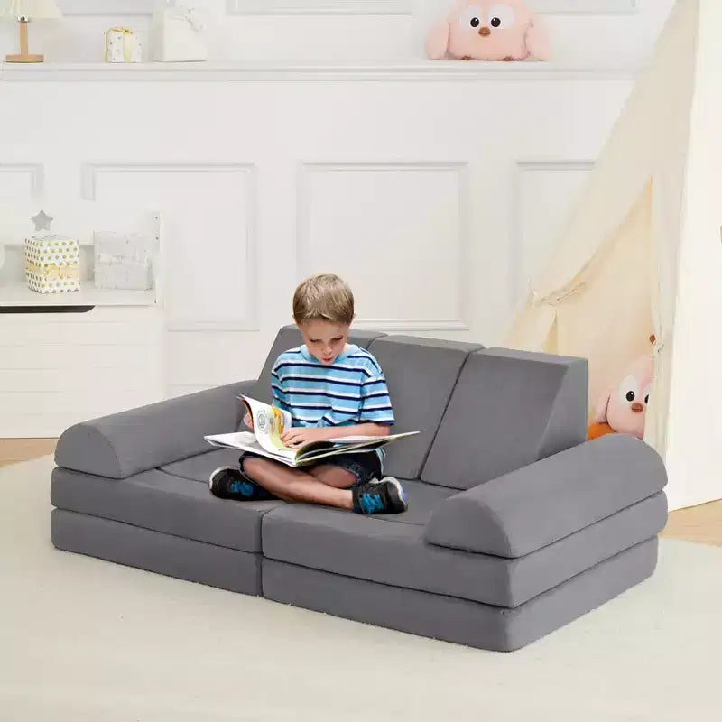 Divano per bambini, 10 pezzi divano modulare per bambini, divano componibile convertibile per bambini per camera da letto, sala giochi, divano in morbida schiuma per bambini con piscina di palline, grigio