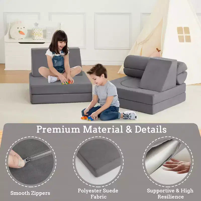 Divano per bambini, 10 pezzi divano modulare per bambini, divano componibile convertibile per bambini per camera da letto, sala giochi, divano in morbida schiuma per bambini con piscina di palline, grigio