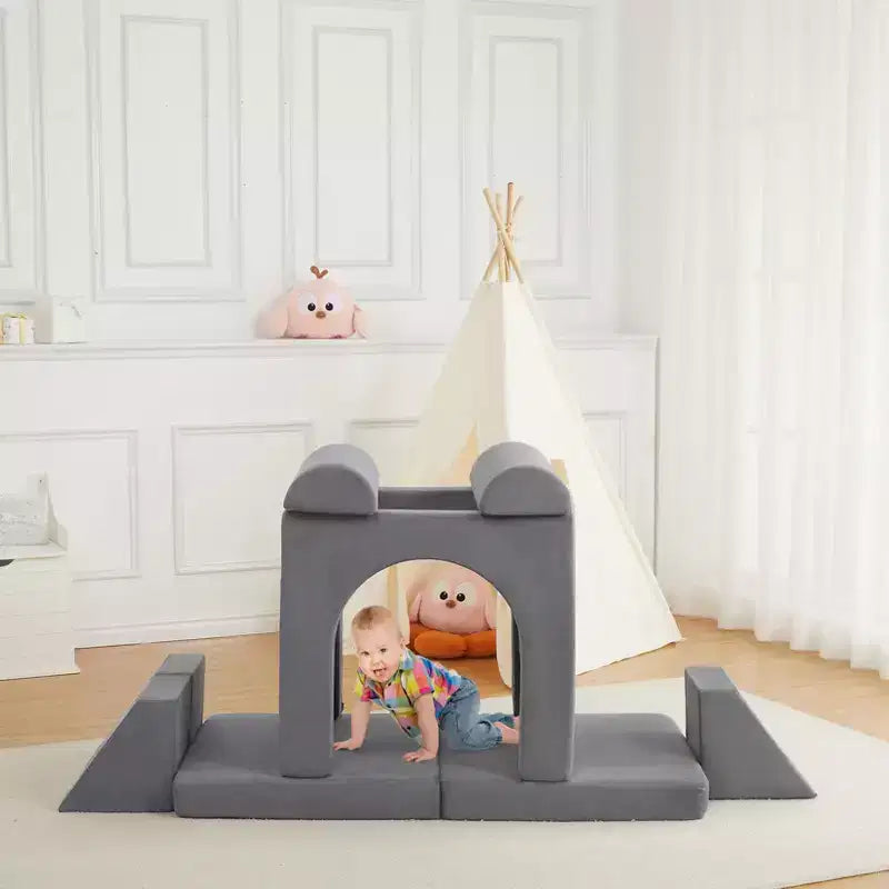 Divano per bambini, 10 pezzi divano modulare per bambini, divano componibile convertibile per bambini per camera da letto, sala giochi, divano in morbida schiuma per bambini con piscina di palline, grigio