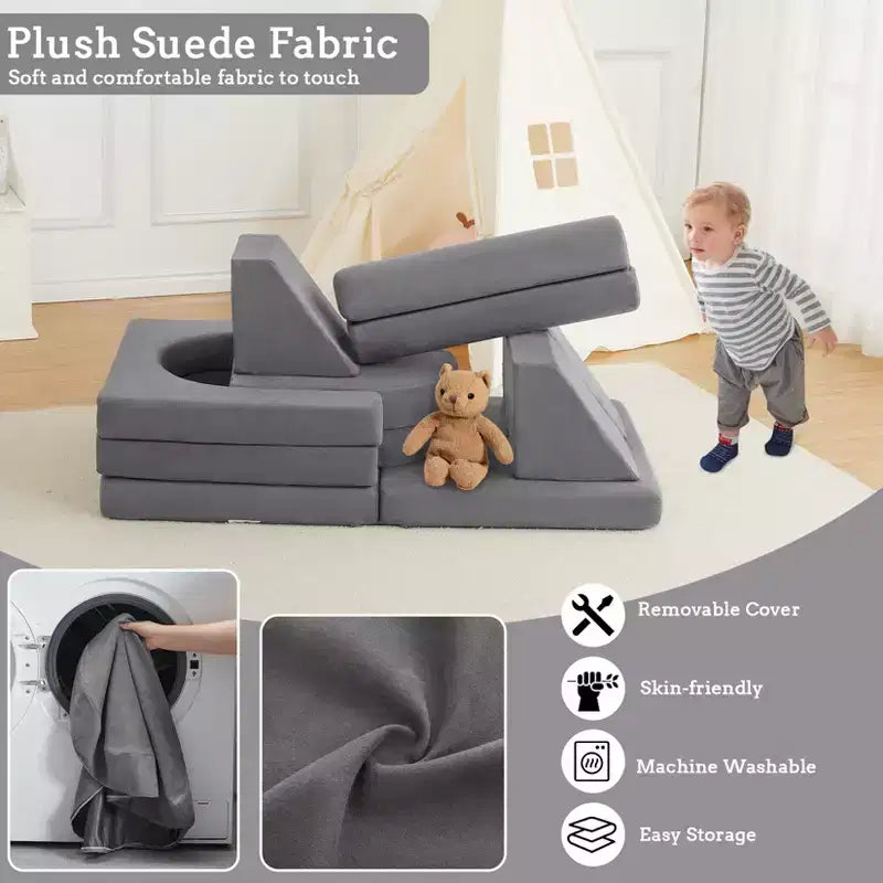 Divano per bambini, 10 pezzi divano modulare per bambini, divano componibile convertibile per bambini per camera da letto, sala giochi, divano in morbida schiuma per bambini con piscina di palline, grigio