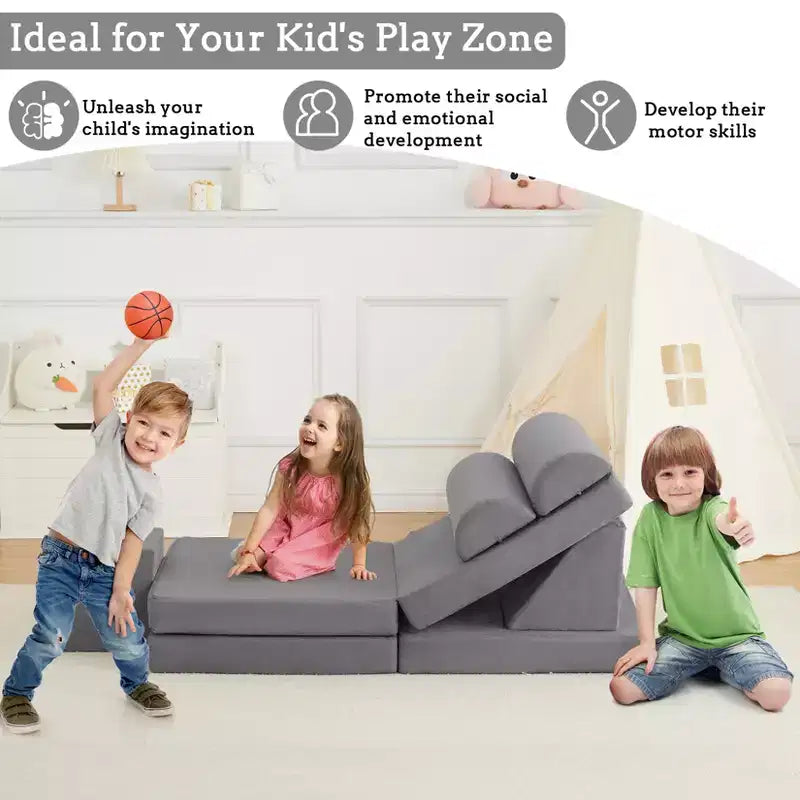 Divano per bambini, 10 pezzi divano modulare per bambini, divano componibile convertibile per bambini per camera da letto, sala giochi, divano in morbida schiuma per bambini con piscina di palline, grigio