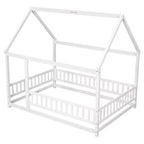 Letto a pavimento a grandezza naturale per bambini con grazioso tetto, robusto letto a pavimento in legno con sponde di sicurezza, bianco