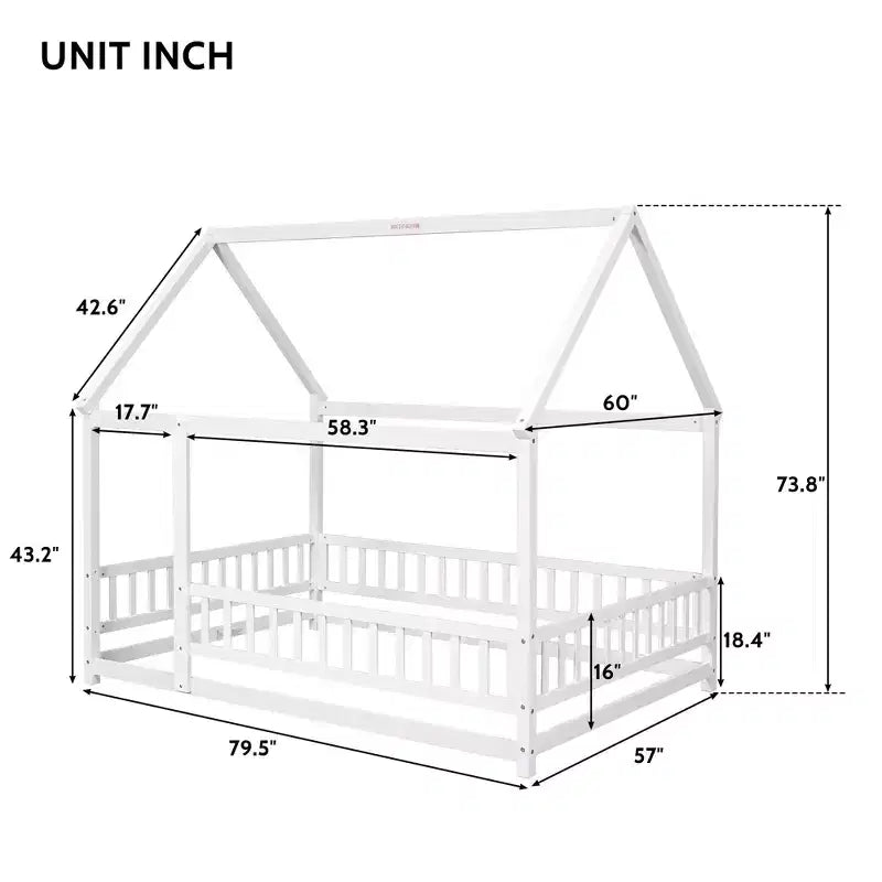 Letto a pavimento a grandezza naturale per bambini con grazioso tetto, robusto letto a pavimento in legno con sponde di sicurezza, bianco