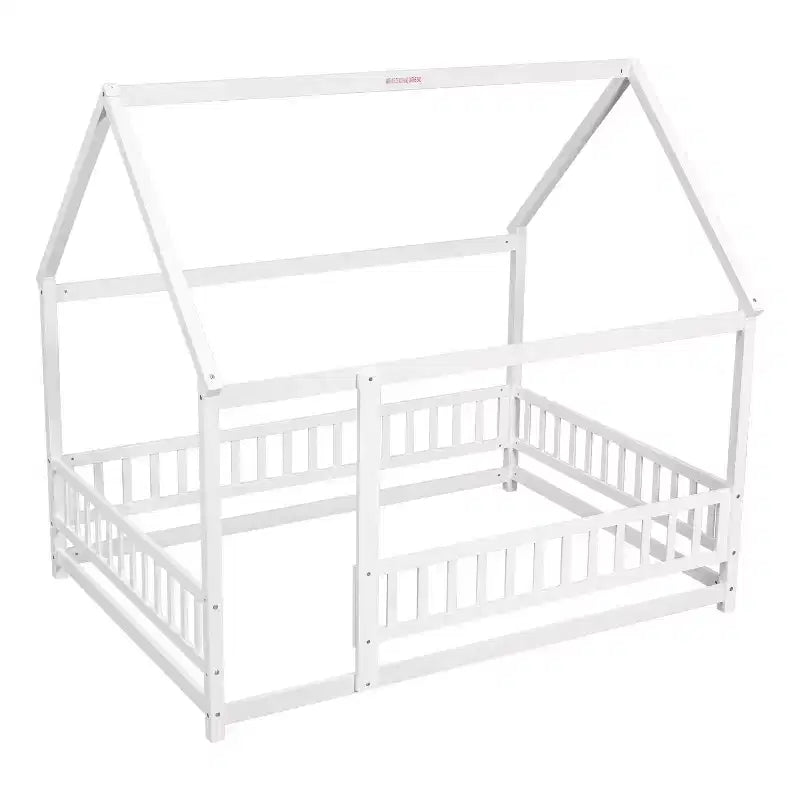 Letto a pavimento a grandezza naturale per bambini con grazioso tetto, robusto letto a pavimento in legno con sponde di sicurezza, bianco
