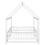 Letto a pavimento a grandezza naturale per bambini con grazioso tetto, robusto letto a pavimento in legno con sponde di sicurezza, bianco