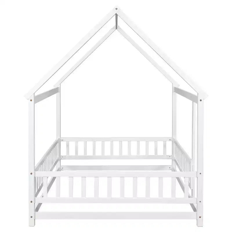 Letto a pavimento a grandezza naturale per bambini con grazioso tetto, robusto letto a pavimento in legno con sponde di sicurezza, bianco
