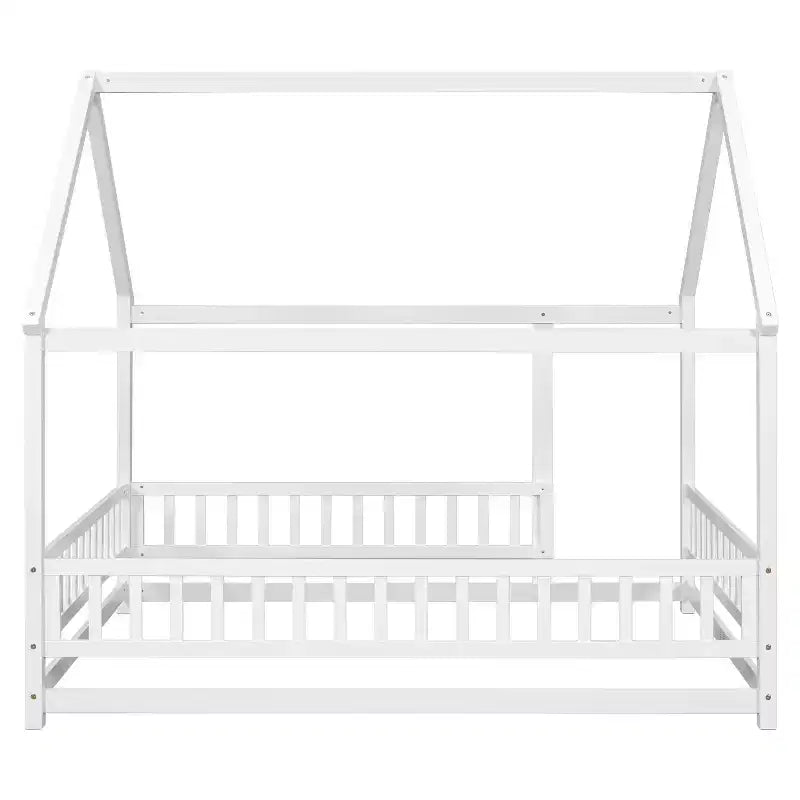 Letto a pavimento a grandezza naturale per bambini con grazioso tetto, robusto letto a pavimento in legno con sponde di sicurezza, bianco