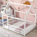 Letto a pavimento a grandezza naturale per bambini con grazioso tetto, robusto letto a pavimento in legno con sponde di sicurezza, bianco