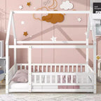 Letto a pavimento a grandezza naturale per bambini con grazioso tetto, robusto letto a pavimento in legno con sponde di sicurezza, bianco