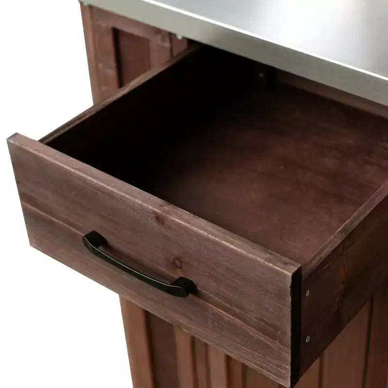 Isola da Cucina da Esterno in Legno di Abete con Contenitore, Carrello da Cucina Scorrevole Bloccabile con Piano in Acciaio Inox, Portasciugamani e Portaspezie per Patio/Cucina