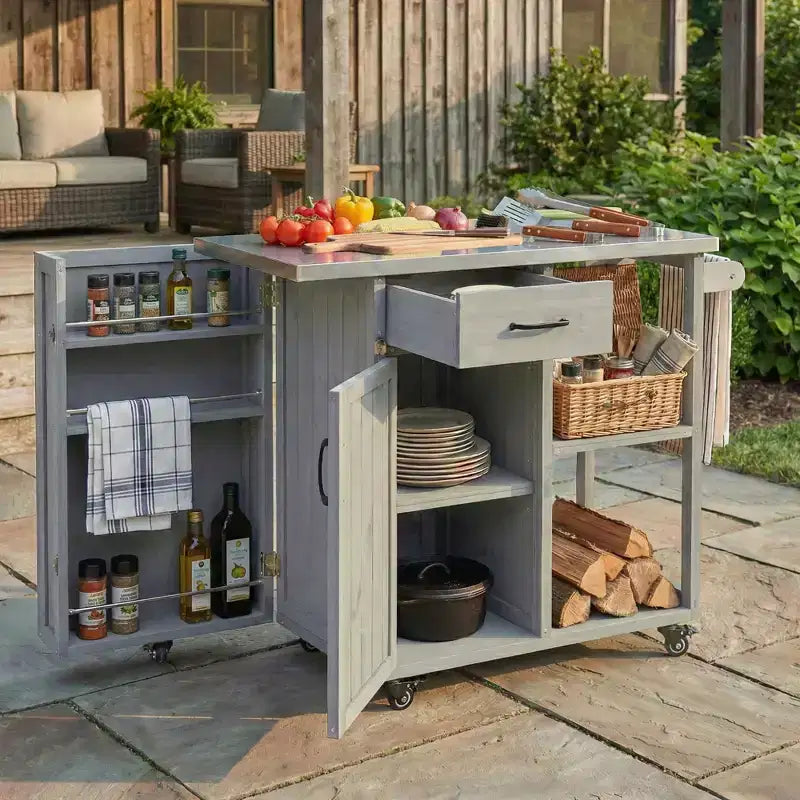 Isola da Cucina da Esterno in Legno di Abete con Contenitore, Carrello da Cucina Scorrevole Bloccabile con Piano in Acciaio Inox, Portasciugamani e Portaspezie per Patio/Cucina