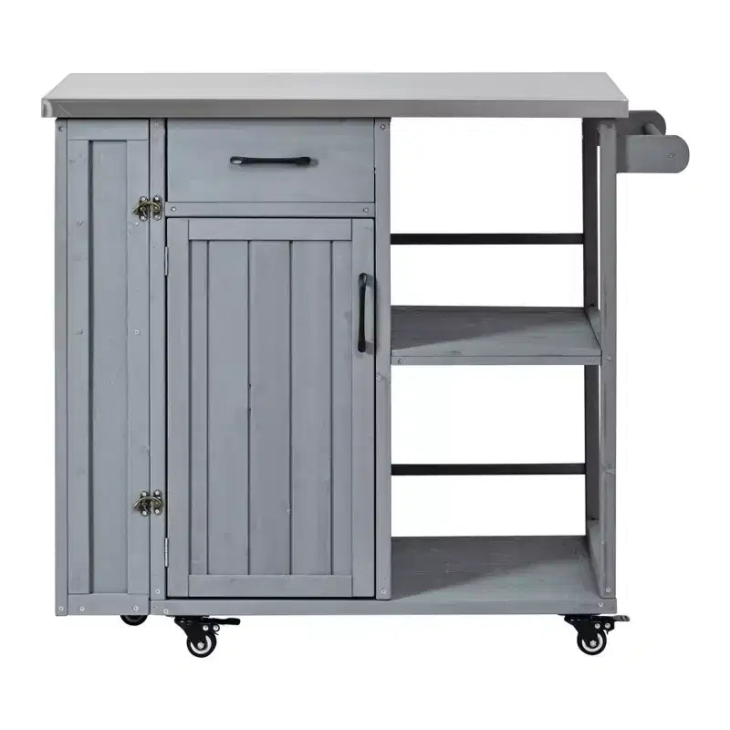 Isola da Cucina da Esterno in Legno di Abete con Contenitore, Carrello da Cucina Scorrevole Bloccabile con Piano in Acciaio Inox, Portasciugamani e Portaspezie per Patio/Cucina