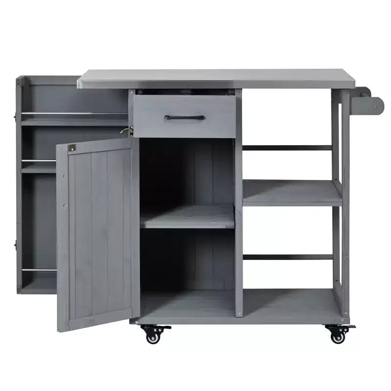 Isola da Cucina da Esterno in Legno di Abete con Contenitore, Carrello da Cucina Scorrevole Bloccabile con Piano in Acciaio Inox, Portasciugamani e Portaspezie per Patio/Cucina