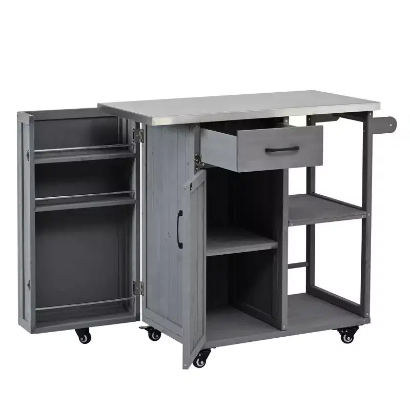 Isola da Cucina da Esterno in Legno di Abete con Contenitore, Carrello da Cucina Scorrevole Bloccabile con Piano in Acciaio Inox, Portasciugamani e Portaspezie per Patio/Cucina