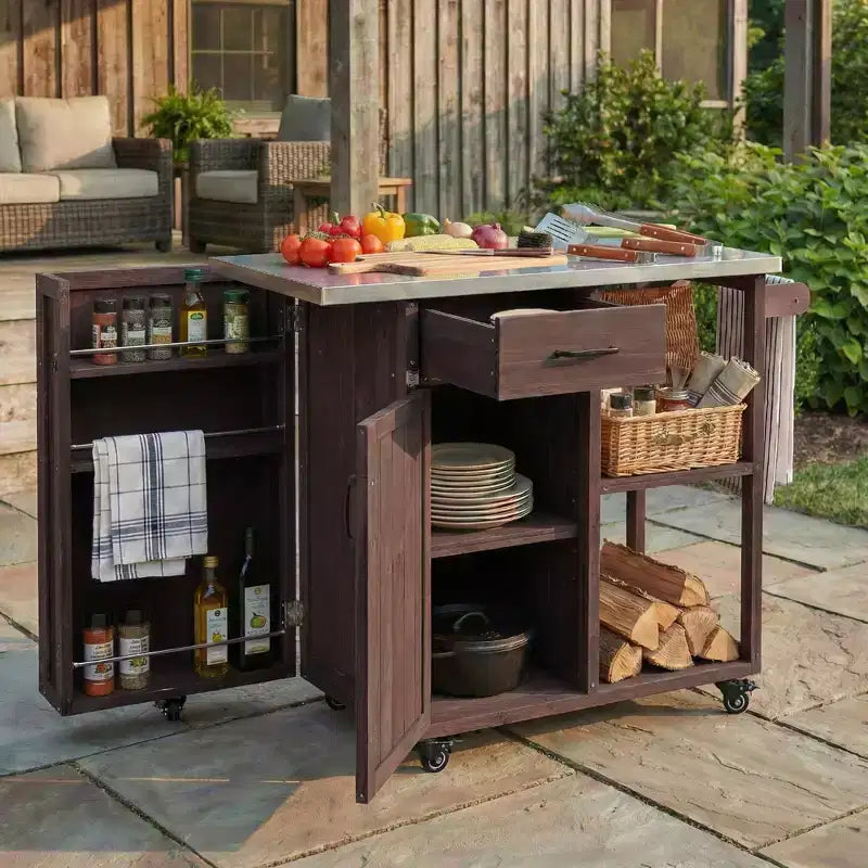 Isola da Cucina da Esterno in Legno di Abete con Contenitore, Carrello da Cucina Scorrevole Bloccabile con Piano in Acciaio Inox, Portasciugamani e Portaspezie per Patio/Cucina