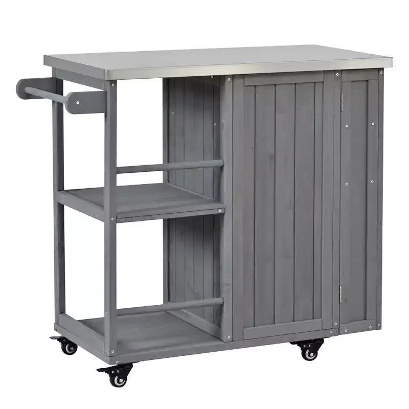 Isola da Cucina da Esterno in Legno di Abete con Contenitore, Carrello da Cucina Scorrevole Bloccabile con Piano in Acciaio Inox, Portasciugamani e Portaspezie per Patio/Cucina