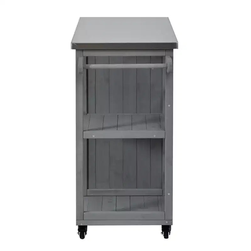 Isola da Cucina da Esterno in Legno di Abete con Contenitore, Carrello da Cucina Scorrevole Bloccabile con Piano in Acciaio Inox, Portasciugamani e Portaspezie per Patio/Cucina