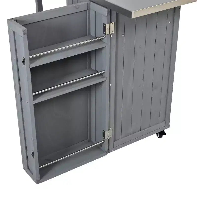 Isola da Cucina da Esterno in Legno di Abete con Contenitore, Carrello da Cucina Scorrevole Bloccabile con Piano in Acciaio Inox, Portasciugamani e Portaspezie per Patio/Cucina