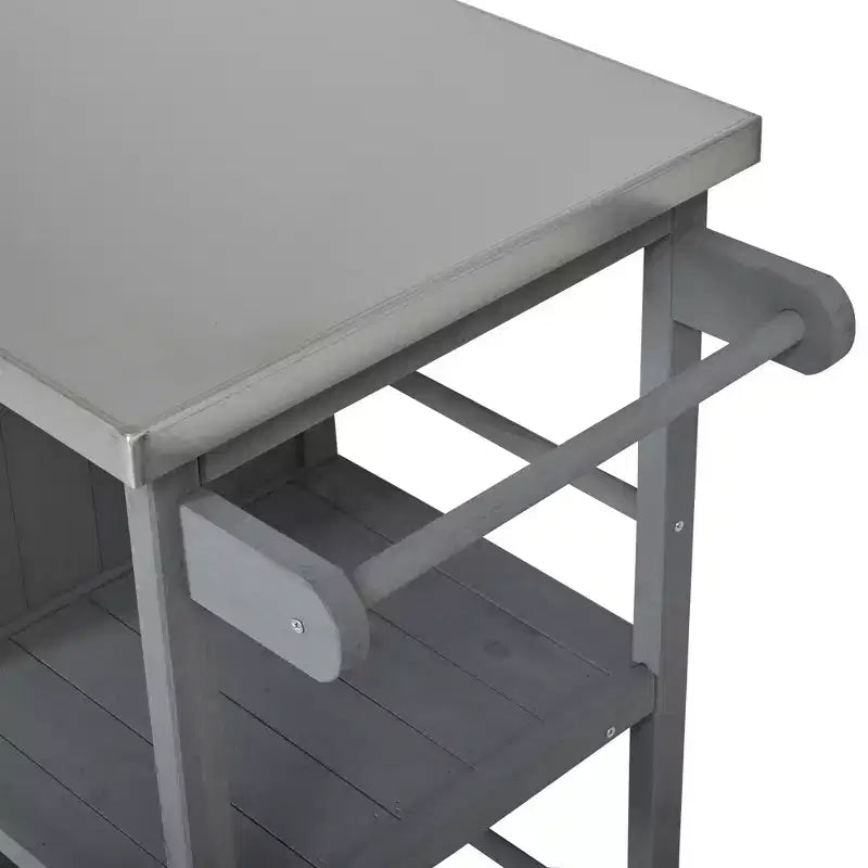 Isola da Cucina da Esterno in Legno di Abete con Contenitore, Carrello da Cucina Scorrevole Bloccabile con Piano in Acciaio Inox, Portasciugamani e Portaspezie per Patio/Cucina
