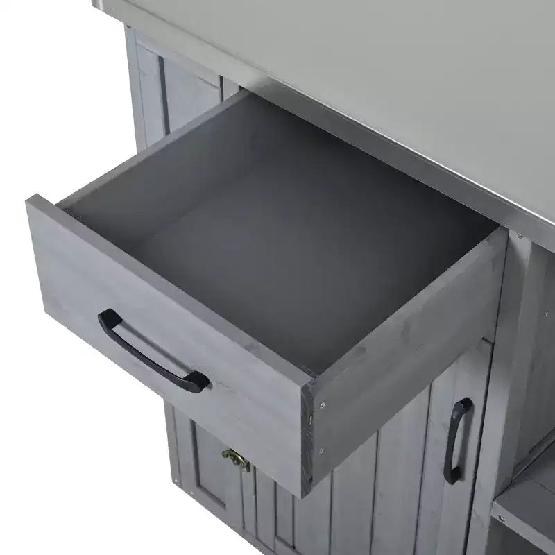 Isola da Cucina da Esterno in Legno di Abete con Contenitore, Carrello da Cucina Scorrevole Bloccabile con Piano in Acciaio Inox, Portasciugamani e Portaspezie per Patio/Cucina