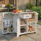 Isola da Cucina da Esterno in Legno di Abete con Contenitore, Carrello da Cucina Scorrevole Bloccabile con Piano in Acciaio Inox, Portasciugamani e Portaspezie per Patio/Cucina