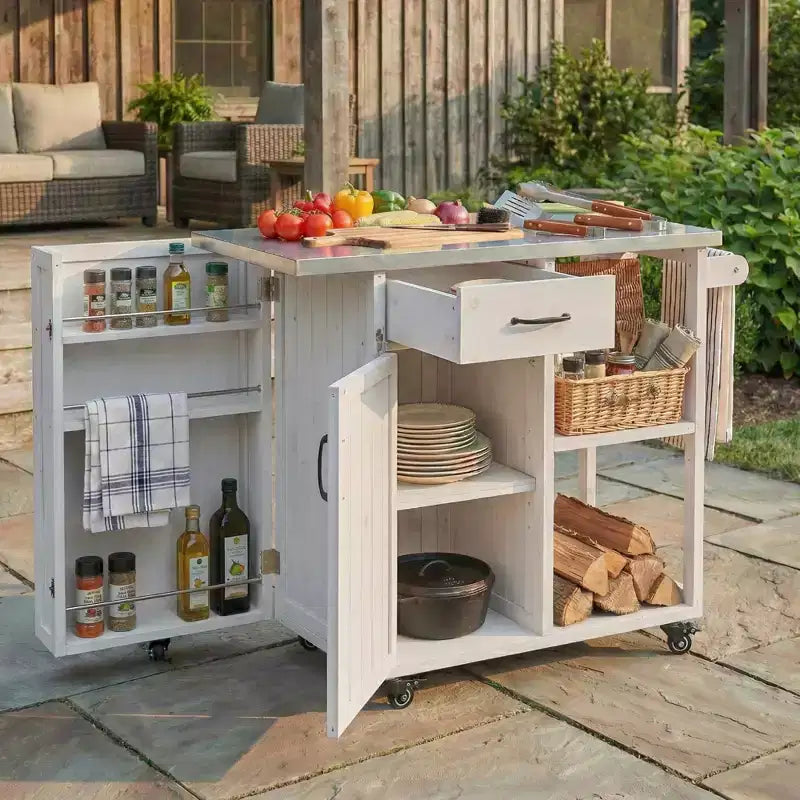 Isola da Cucina da Esterno in Legno di Abete con Contenitore, Carrello da Cucina Scorrevole Bloccabile con Piano in Acciaio Inox, Portasciugamani e Portaspezie per Patio/Cucina