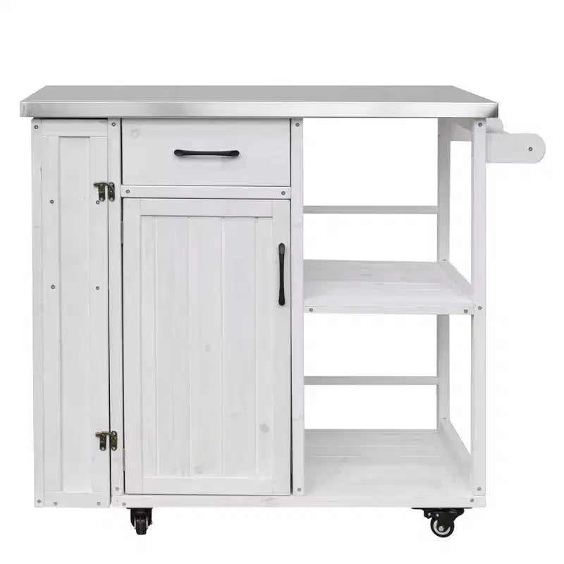 Isola da Cucina da Esterno in Legno di Abete con Contenitore, Carrello da Cucina Scorrevole Bloccabile con Piano in Acciaio Inox, Portasciugamani e Portaspezie per Patio/Cucina