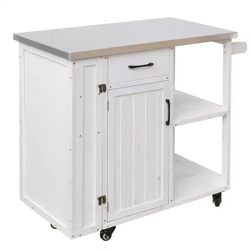 Isola da Cucina da Esterno in Legno di Abete con Contenitore, Carrello da Cucina Scorrevole Bloccabile con Piano in Acciaio Inox, Portasciugamani e Portaspezie per Patio/Cucina