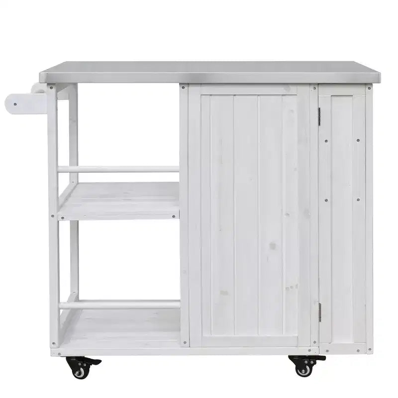 Isola da Cucina da Esterno in Legno di Abete con Contenitore, Carrello da Cucina Scorrevole Bloccabile con Piano in Acciaio Inox, Portasciugamani e Portaspezie per Patio/Cucina