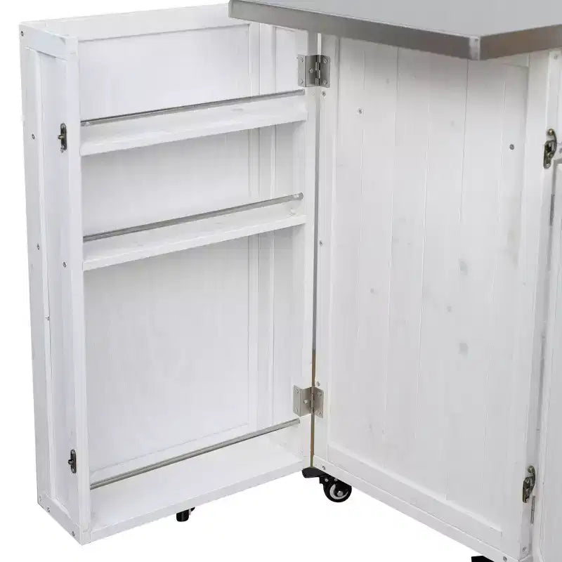 Isola da Cucina da Esterno in Legno di Abete con Contenitore, Carrello da Cucina Scorrevole Bloccabile con Piano in Acciaio Inox, Portasciugamani e Portaspezie per Patio/Cucina
