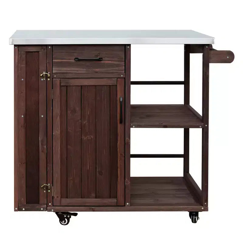 Isola da Cucina da Esterno in Legno di Abete con Contenitore, Carrello da Cucina Scorrevole Bloccabile con Piano in Acciaio Inox, Portasciugamani e Portaspezie per Patio/Cucina