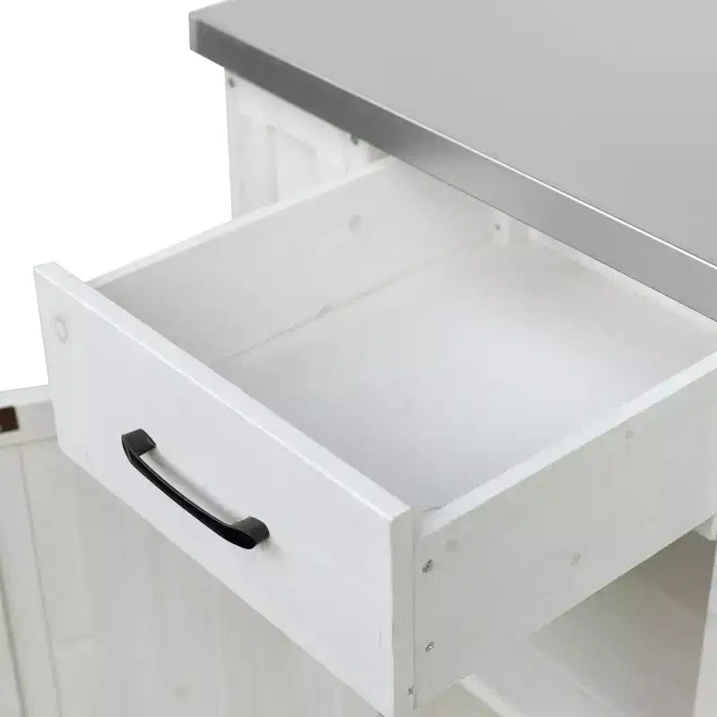 Isola da Cucina da Esterno in Legno di Abete con Contenitore, Carrello da Cucina Scorrevole Bloccabile con Piano in Acciaio Inox, Portasciugamani e Portaspezie per Patio/Cucina