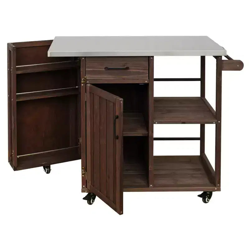 Isola da Cucina da Esterno in Legno di Abete con Contenitore, Carrello da Cucina Scorrevole Bloccabile con Piano in Acciaio Inox, Portasciugamani e Portaspezie per Patio/Cucina